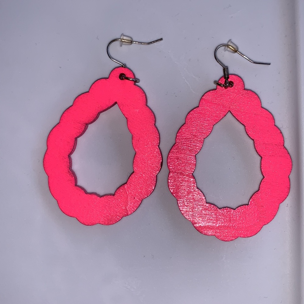 Hot Pink Wood Teardrop Earrings - Picture 5 of 7
